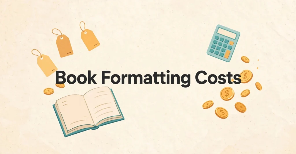 Illustration showing book formatting costs in 2026 — an open book with price tags, gold coins, and a calculator