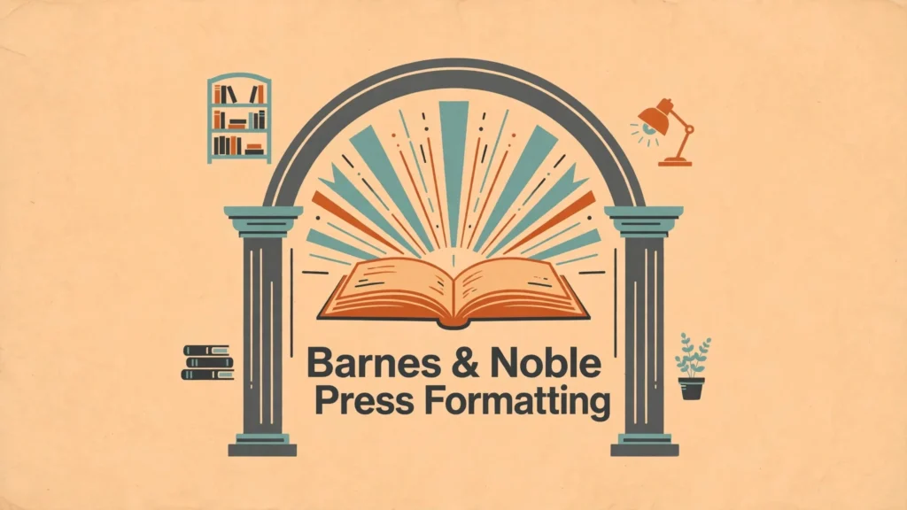 Flat vector illustration of an open book under a library archway for Barnes & Noble Press book formatting