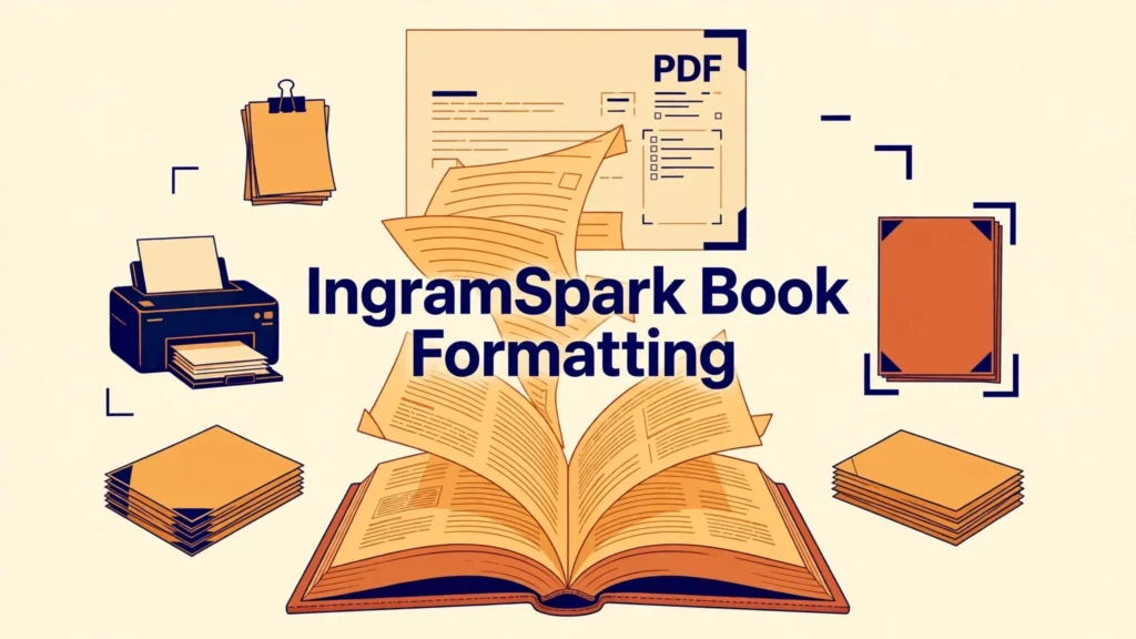 Flat vector illustration of an open book transforming into a print-ready PDF sheet for IngramSpark book formatting