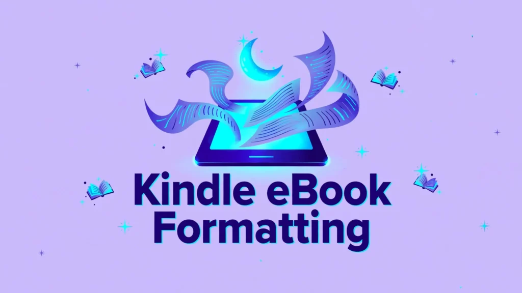 Night-reading illustration of a glowing e-reader with flowing pages for the Kindle eBook formatting guide