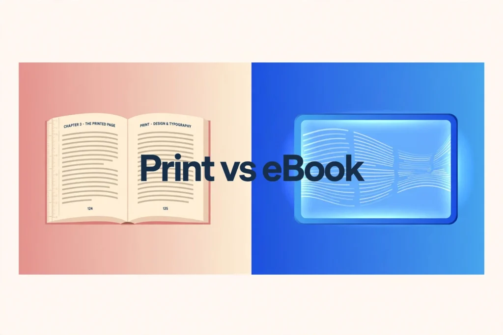 Split illustration comparing print vs eBook formatting: a paper book beside a glowing tablet with flowing text
