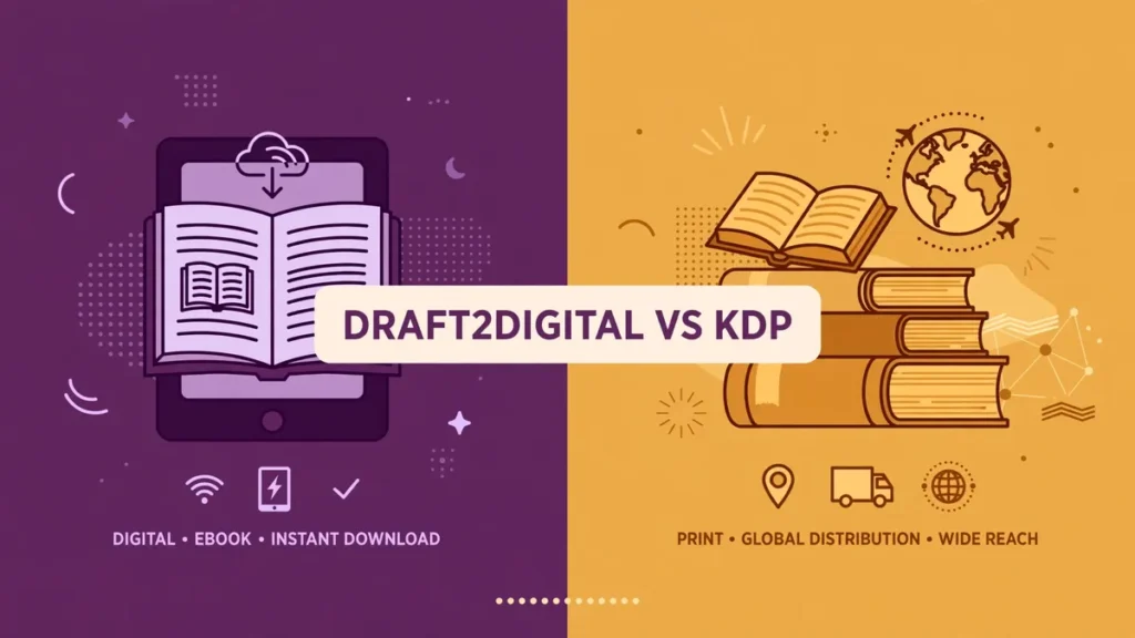 Split-screen flat vector illustration comparing Draft2Digital and KDP, with an e-reader and open book on a plum purple side and stacked books with a globe on an amber gold side