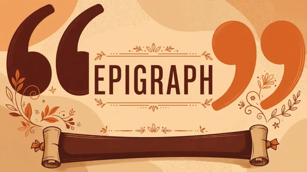 Flat vector editorial illustration of oversized quotation marks framing the word EPIGRAPH above a rolled scroll, in burnt orange, sand, and deep brown tones