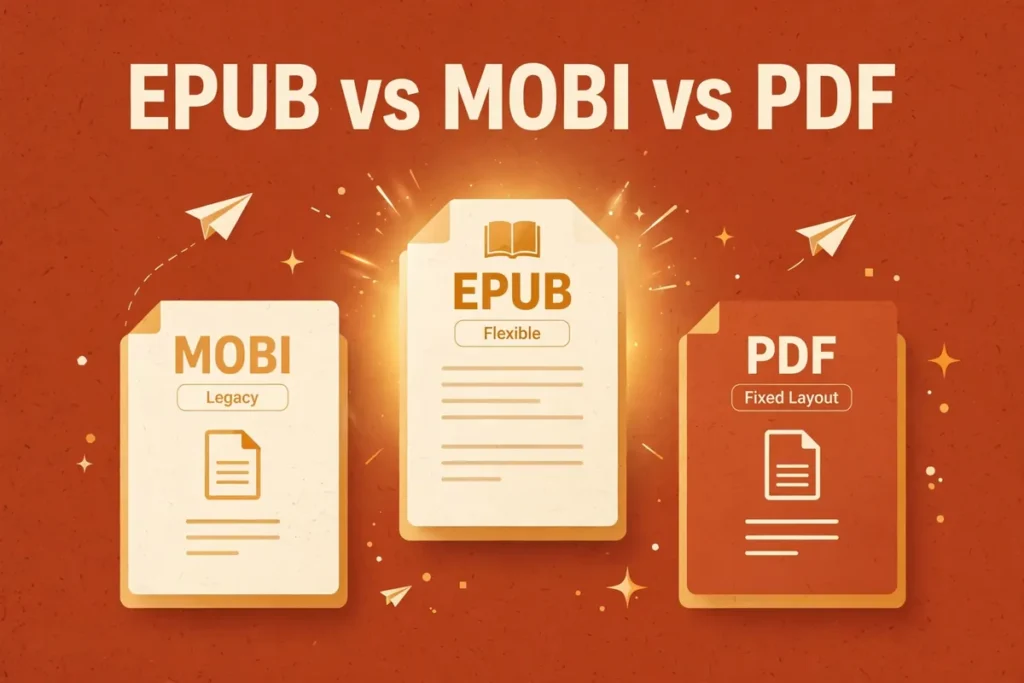 Flat vector illustration comparing EPUB, MOBI, and PDF eBook formats