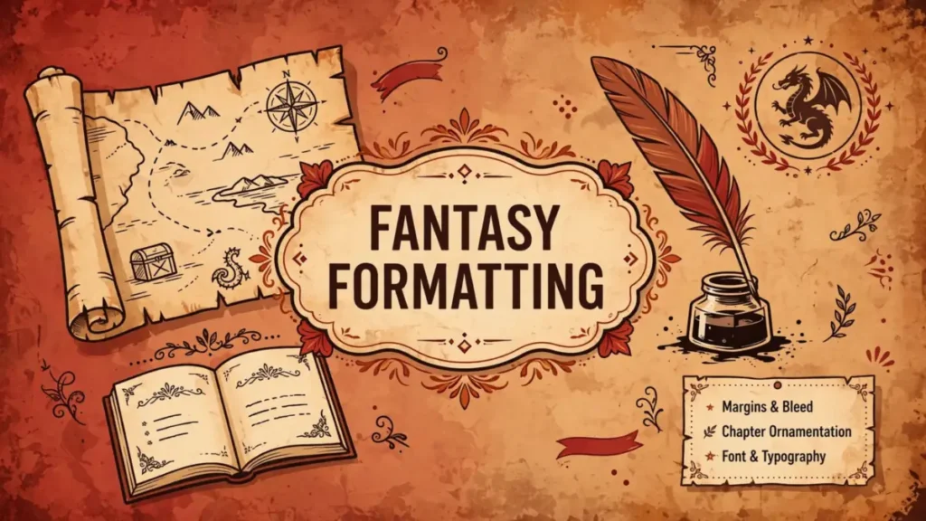 Flat vector illustration of an aged fantasy map scroll, feather quill and inkwell, and a dragon emblem in warm crimson and rust tones with the words FANTASY FORMATTING centered