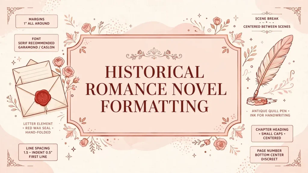 Editorial illustration of a historical romance novel formatting guide showing a vintage love letter, quill pen, and wax seal in warm rose-gold tones