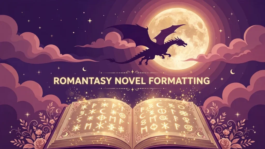Moonlit romantic-fantasy illustration: a dragon silhouette flying across a full moon above an open book glowing with golden runes, labeled Romantasy Novel Formatting