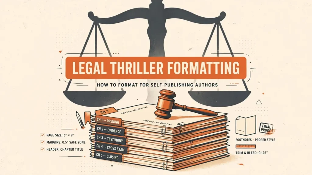 Flat vector editorial illustration in charcoal slate, ember orange, and cream: a scales-of-justice silhouette behind a gavel resting on stacked case files with chapter tabs, labeled LEGAL THRILLER FORMATTING.