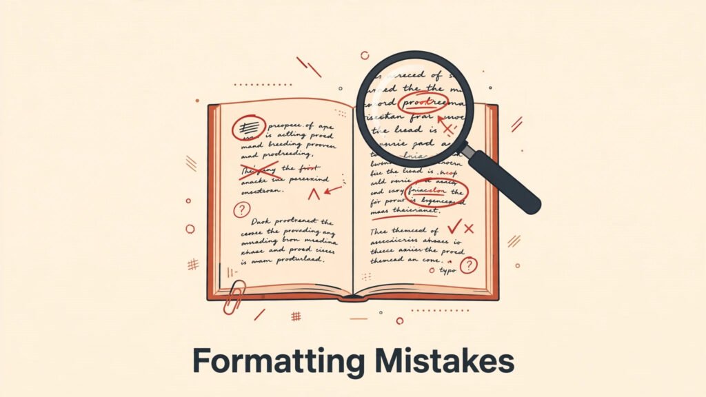 Flat editorial illustration of an open book with proofreading marks showing common book formatting mistakes