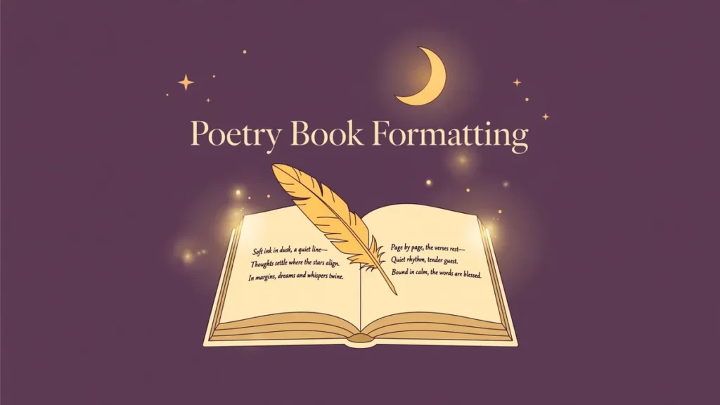 Flat vector illustration of an open poetry book with verse stanzas, a golden quill pen, crescent moon and stars on a plum-indigo night sky