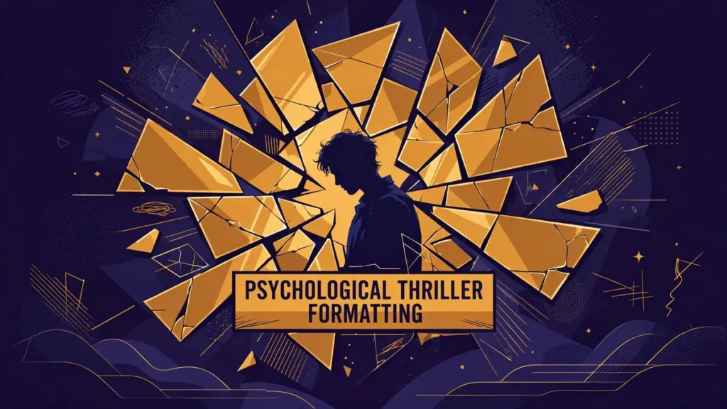 Flat vector editorial illustration of a silhouetted figure against a fractured golden mirror on deep midnight-indigo, with centered text reading PSYCHOLOGICAL THRILLER FORMATTING.