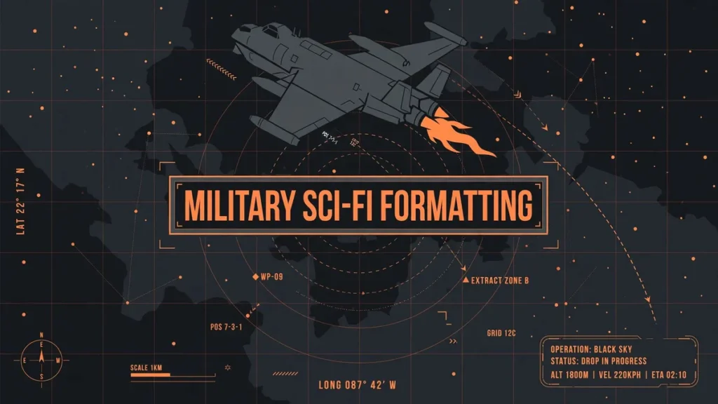 Flat vector editorial illustration of a drop-ship over a tactical star map in burnt orange and charcoal, with the words Military Sci-Fi Formatting