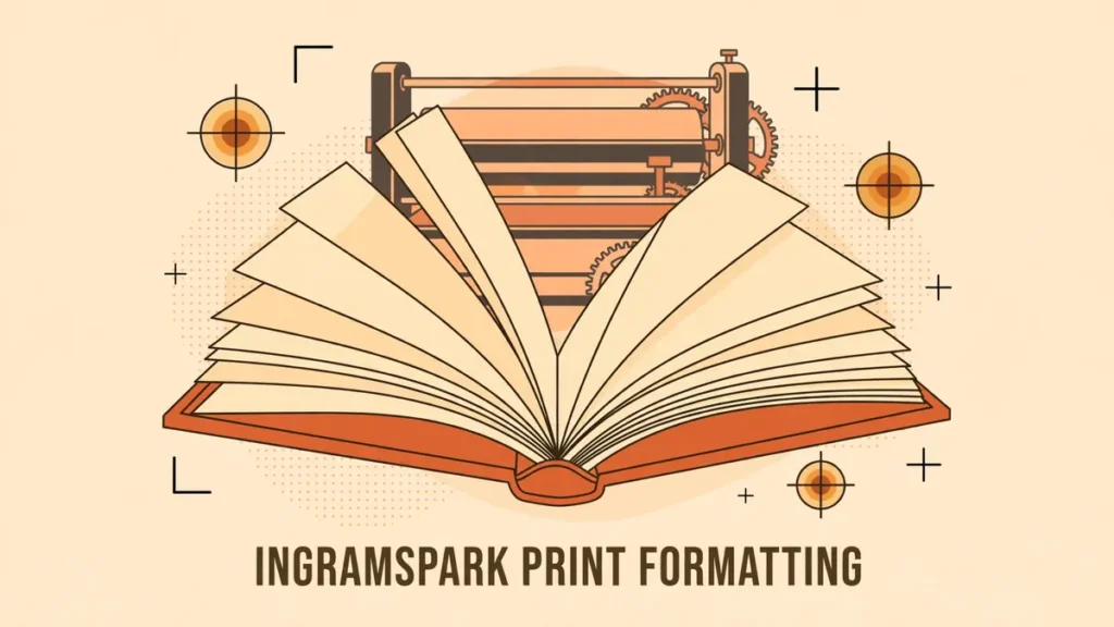 Flat vector editorial illustration of an open book with printer's crop marks and a vintage printing press in warm amber and terracotta tones, with the words IngramSpark Print Formatting