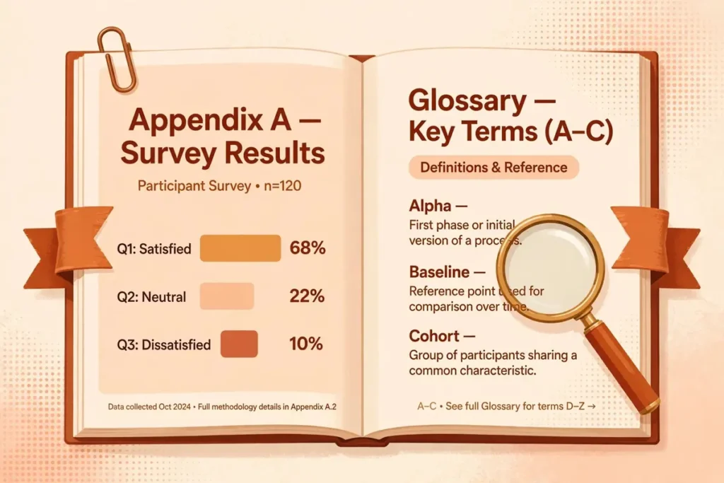 Flat editorial illustration of an open book: an appendix page titled Appendix A — Survey Results beside a glossary page titled Glossary — Key Terms, with a magnifying glass over the terms.