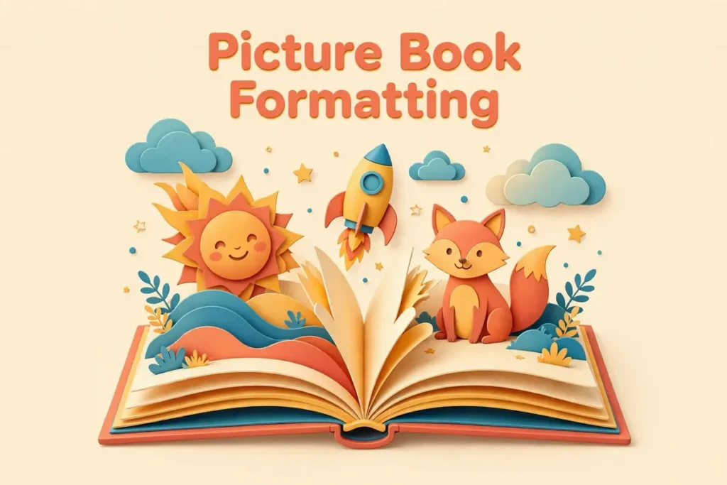 Open children's picture book with whimsical paper-cut illustrations of a smiling sun, a rocket, and a fox popping off its pages beneath the title 'Picture Book Formatting'.