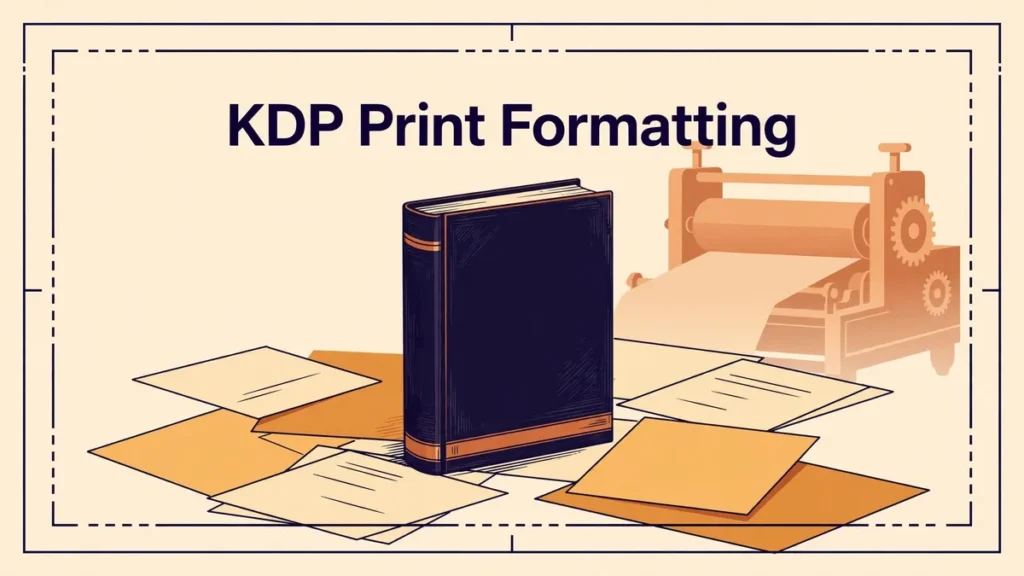 Flat vector editorial illustration of an upright paperback book framed by printer's crop marks and trim-guide lines, with paper sheets and a warm printing-press silhouette in deep ink navy, copper, amber, and cream, with the words KDP Print Formatting