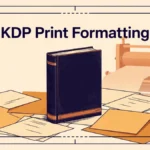 Flat vector editorial illustration of an upright paperback book framed by printer's crop marks and trim-guide lines, with paper sheets and a warm printing-press silhouette in deep ink navy, copper, amber, and cream, with the words KDP Print Formatting