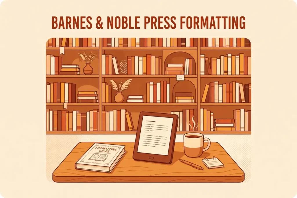 Warm terracotta and amber vector illustration of a bookshelf wall behind a wooden desk with a printed paperback and an eReader, with centered text reading Barnes & Noble Press Formatting
