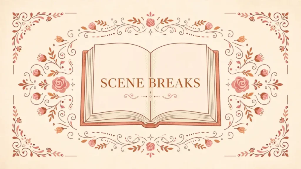 Warm cream and rose flat vector illustration of an open book with decorative flourishes, labeled Scene Breaks