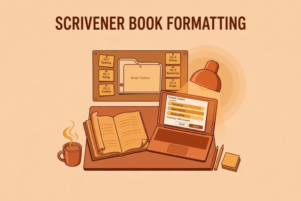 Warm flat-vector illustration of a writer's desk at dusk: a corkboard with a binder outline and chapter cards, open manuscript pages, and a laptop showing a compile/export dialog, titled SCRIVENER BOOK FORMATTING.