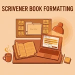 Warm flat-vector illustration of a writer's desk at dusk: a corkboard with a binder outline and chapter cards, open manuscript pages, and a laptop showing a compile/export dialog, titled SCRIVENER BOOK FORMATTING.