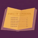 Flat vector illustration of an open book showing a table of contents with dot leaders and page numbers, gold text on a dusk-plum background