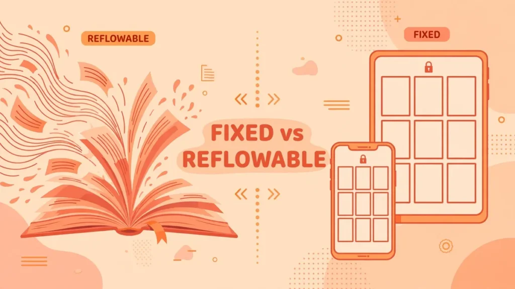 Flat vector illustration in warm coral and orange comparing fixed layout vs reflowable eBooks, with an open book on one side and a phone and tablet on the other