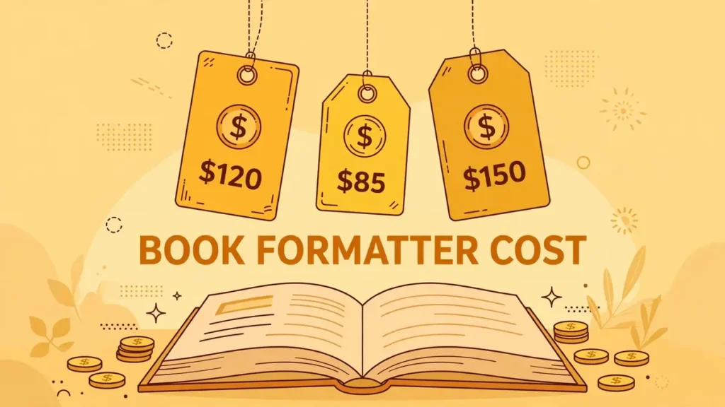 Flat vector editorial illustration in warm goldenrod and saffron tones: price tags with dollar amounts hanging above an open book, labeled BOOK FORMATTER COST