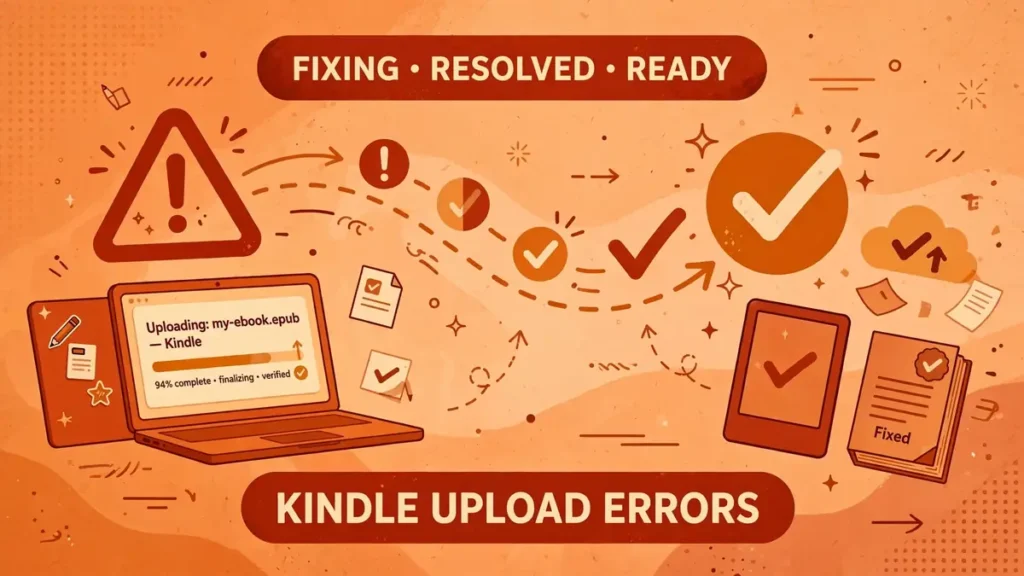 Warm rust-and-red flat vector illustration showing a warning triangle transforming into checkmarks around a laptop uploading an eBook file, with the label Kindle Upload Errors