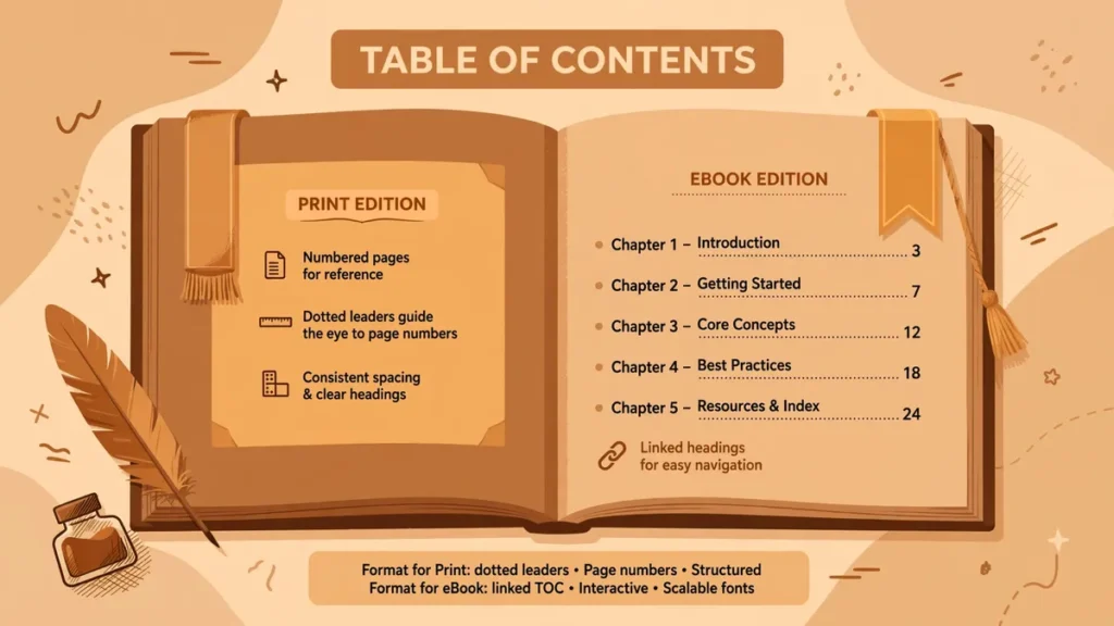 Warm caramel and brown flat vector illustration of an open book with a table of contents list showing dotted leaders, labeled TABLE OF CONTENTS
