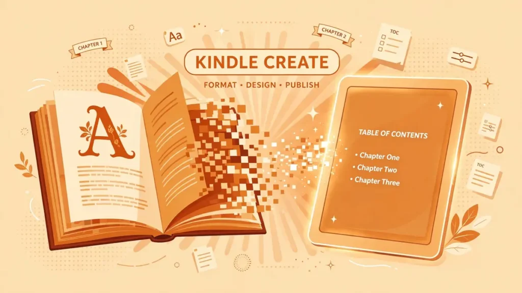 Flat vector illustration in warm amber and burnt orange showing an open book transforming into an e-reader tablet with a table of contents, with centered text reading Kindle Create