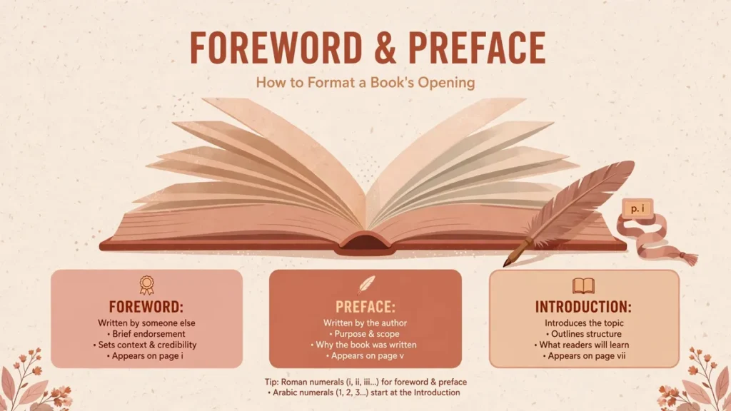Editorial illustration of an open book's front pages showing a foreword, preface, and introduction, with dusty rose and terracotta tones