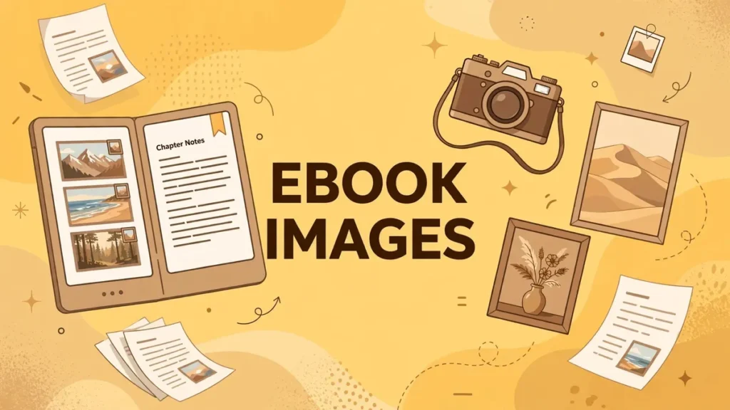 Flat vector illustration of an open eBook with photos on a golden yellow background, labeled EBOOK IMAGES