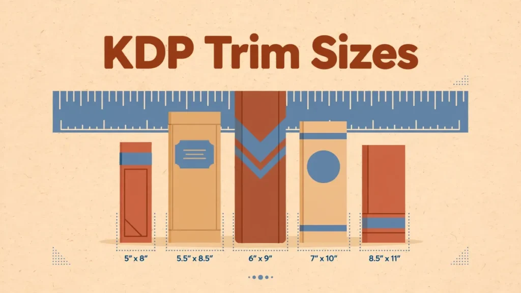 Warm editorial illustration comparing popular KDP trim sizes, with a stack of books in different sizes like 6x9, 5.5x8.5, and 8.5x11 alongside a ruler measuring their dimensions