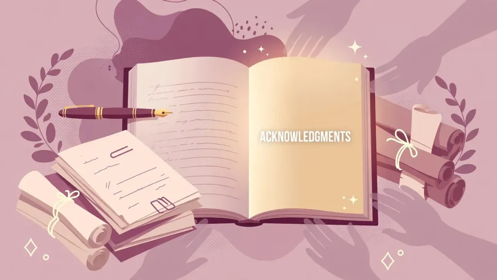 Flat vector illustration of an open book with a glowing acknowledgments page, fountain pen, and manuscript pages in warm plum and mauve tones