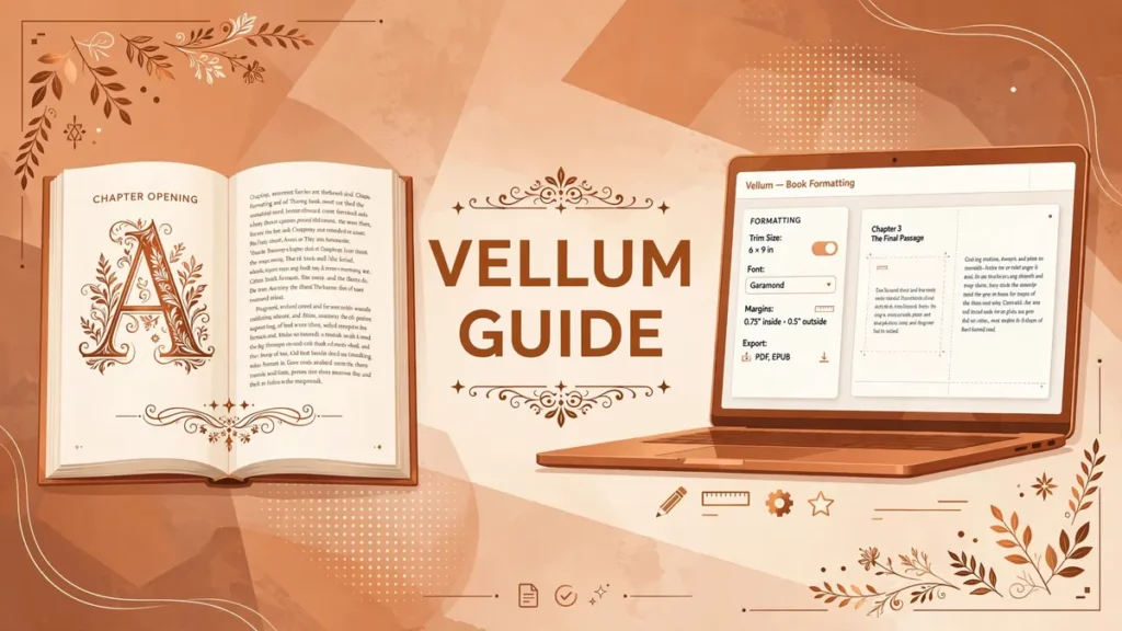 Flat vector illustration in warm copper and bronze tones showing an open book with an ornamental drop cap, a laptop displaying Vellum book formatting settings, and the centered label VELLUM GUIDE.