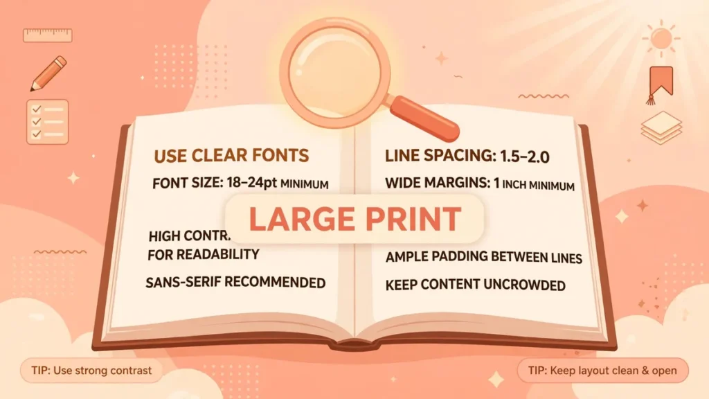 Vector illustration of an open book with oversized large print text in soft peach and coral tones