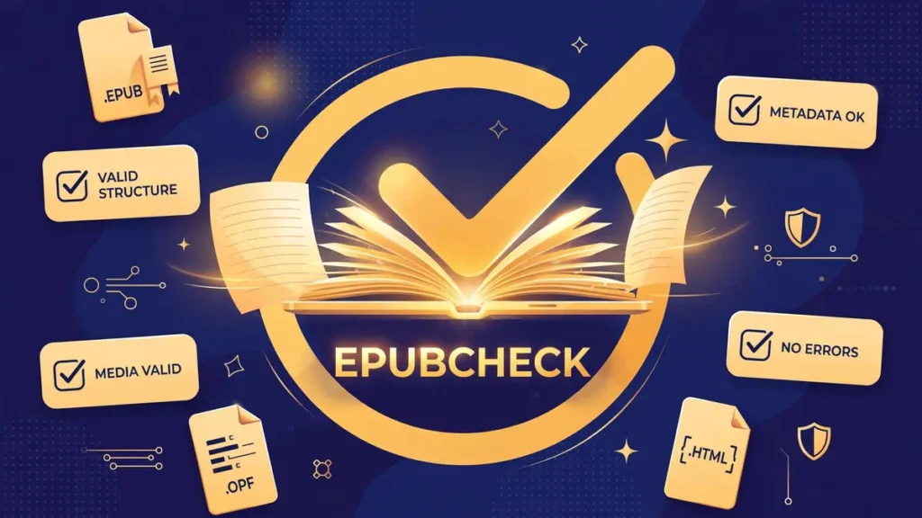 Editorial illustration showing an EPUB book passing a validation checklist — symbolizing how to pass EPUBCheck validation