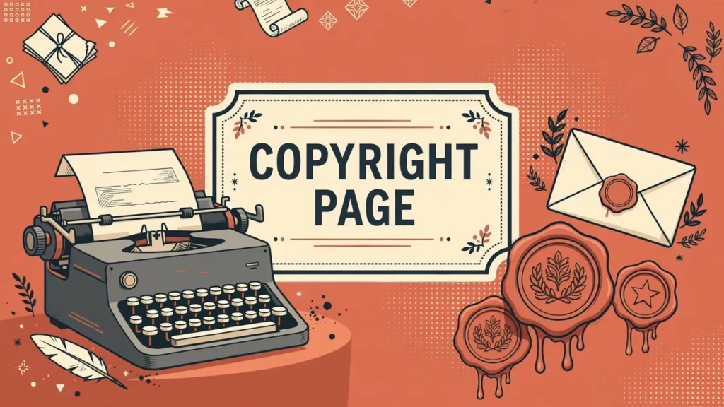 Flat vector editorial illustration in terracotta, cream, and charcoal showing a vintage typewriter and a wax seal stamp with the text COPYRIGHT PAGE