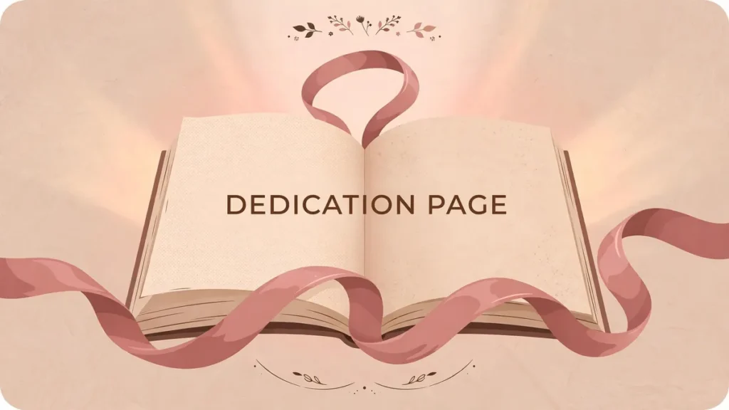 Flat vector editorial illustration of an open book with a flowing ribbon bookmark in dusty rose, warm beige, and espresso tones, with centered text reading 'DEDICATION PAGE'