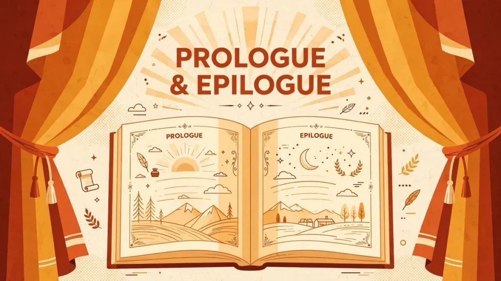 Flat vector editorial illustration of theater curtains in amber, rust, and cream opening onto an open book with 'PROLOGUE & EPILOGUE' text, the left page labeled Prologue with a sunrise and the right page labeled Epilogue with a crescent moon