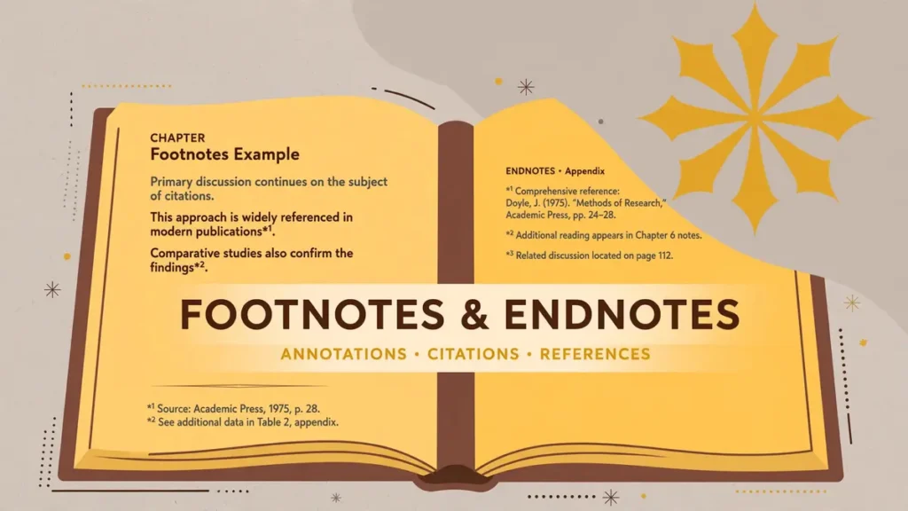 Flat vector illustration of an open book with footnote and endnote examples and a large mustard asterisk, with centered text reading 'FOOTNOTES & ENDNOTES'