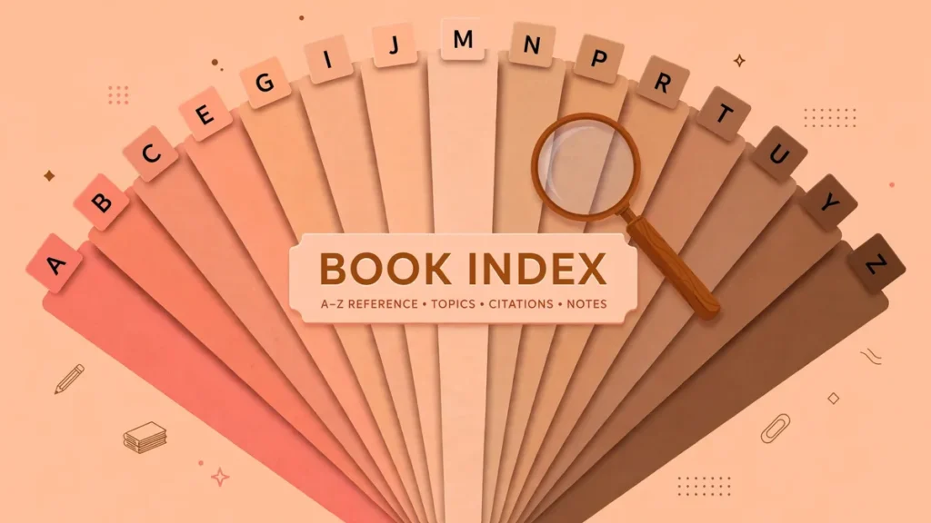 Flat vector editorial illustration of an A-to-Z index card fan in coral, peach and walnut tones with a magnifying glass, labeled BOOK INDEX