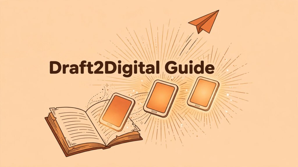 Flat vector illustration of a manuscript page transforming into eBook devices for Draft2Digital publishing
