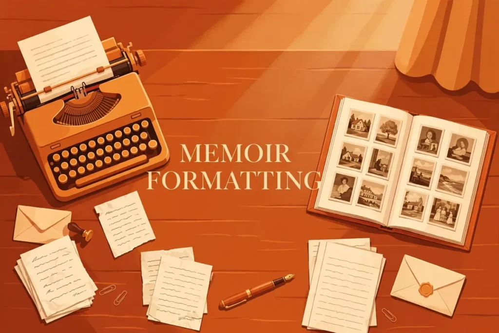 Flat vector illustration in warm terracotta and amber tones showing a vintage typewriter, an open photo album with sepia photographs, journal pages and a fountain pen, with the text MEMOIR FORMATTING centered.
