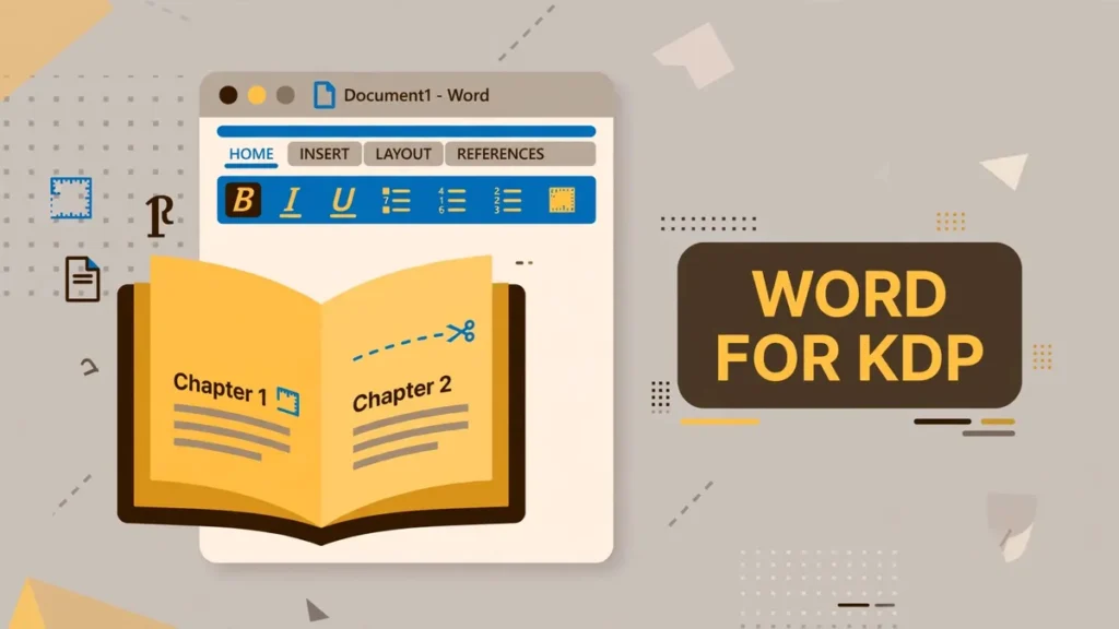 Flat vector editorial illustration in golden yellow, warm gray, and espresso tones showing a Microsoft Word document window behind an open book, with the text WORD FOR KDP