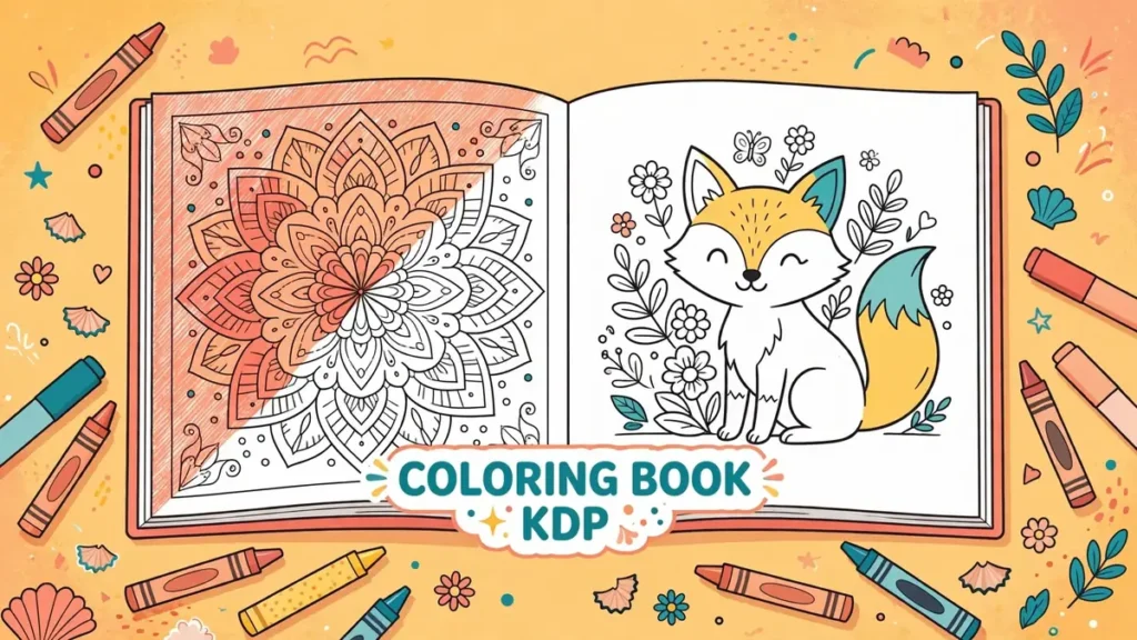 Flat vector illustration of an open coloring book with a half-colored mandala and a fox line-art page, surrounded by crayons and markers, labeled COLORING BOOK KDP in coral, peach, yellow and teal