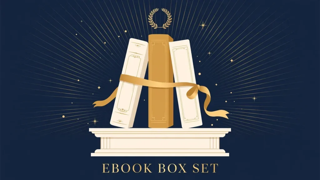 Flat vector illustration of three elegant books tied with a gold ribbon on an ivory pedestal against a deep navy background, with gold serif text reading EBOOK BOX SET