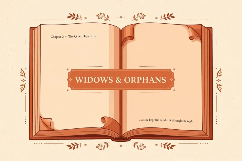Flat vector editorial illustration of an open book in terracotta and warm cream tones, with the centered label text 'WIDOWS & ORPHANS' on a decorative banner