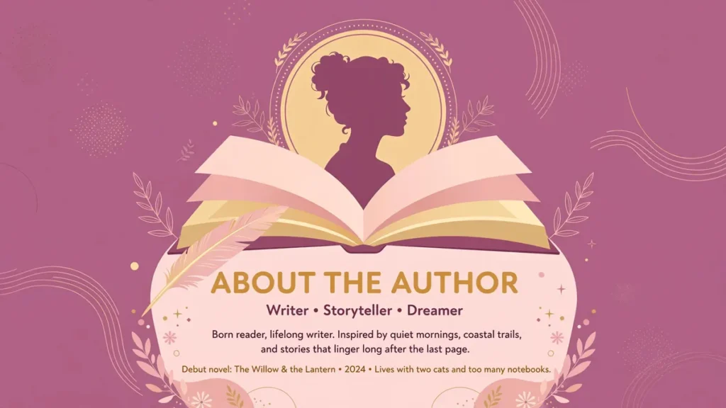 Flat vector editorial illustration in warm plum, blush pink and soft gold showing an open book with an author portrait silhouette medallion, quill pen, and the centered text 'About the Author'